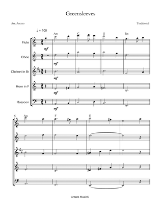 greensleeves woodwind quintet sheet music w chord symbol