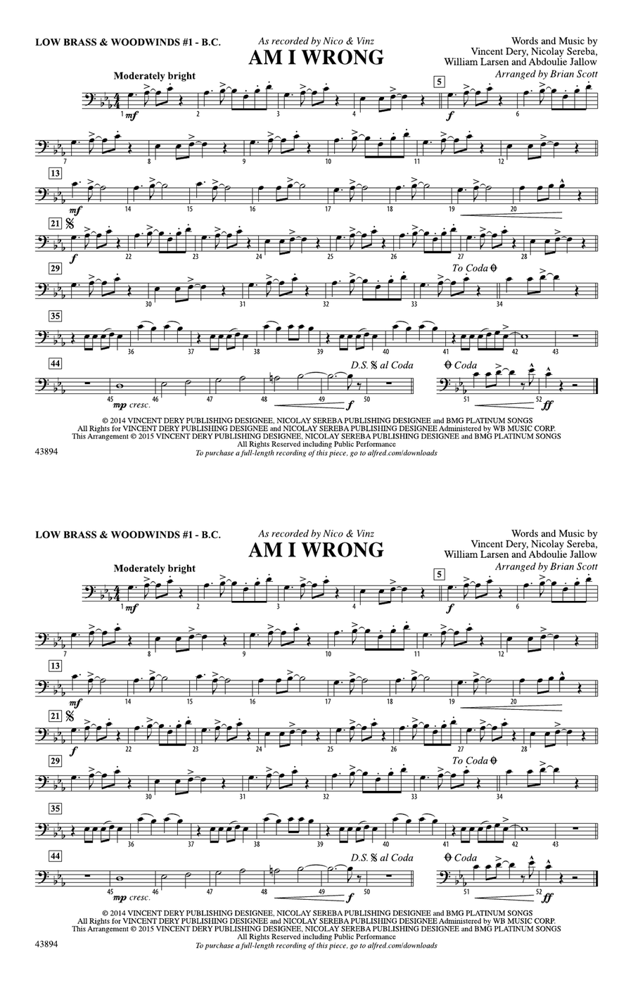 Am I Wrong: Low Brass & Woodwinds #1 - Bass Clef