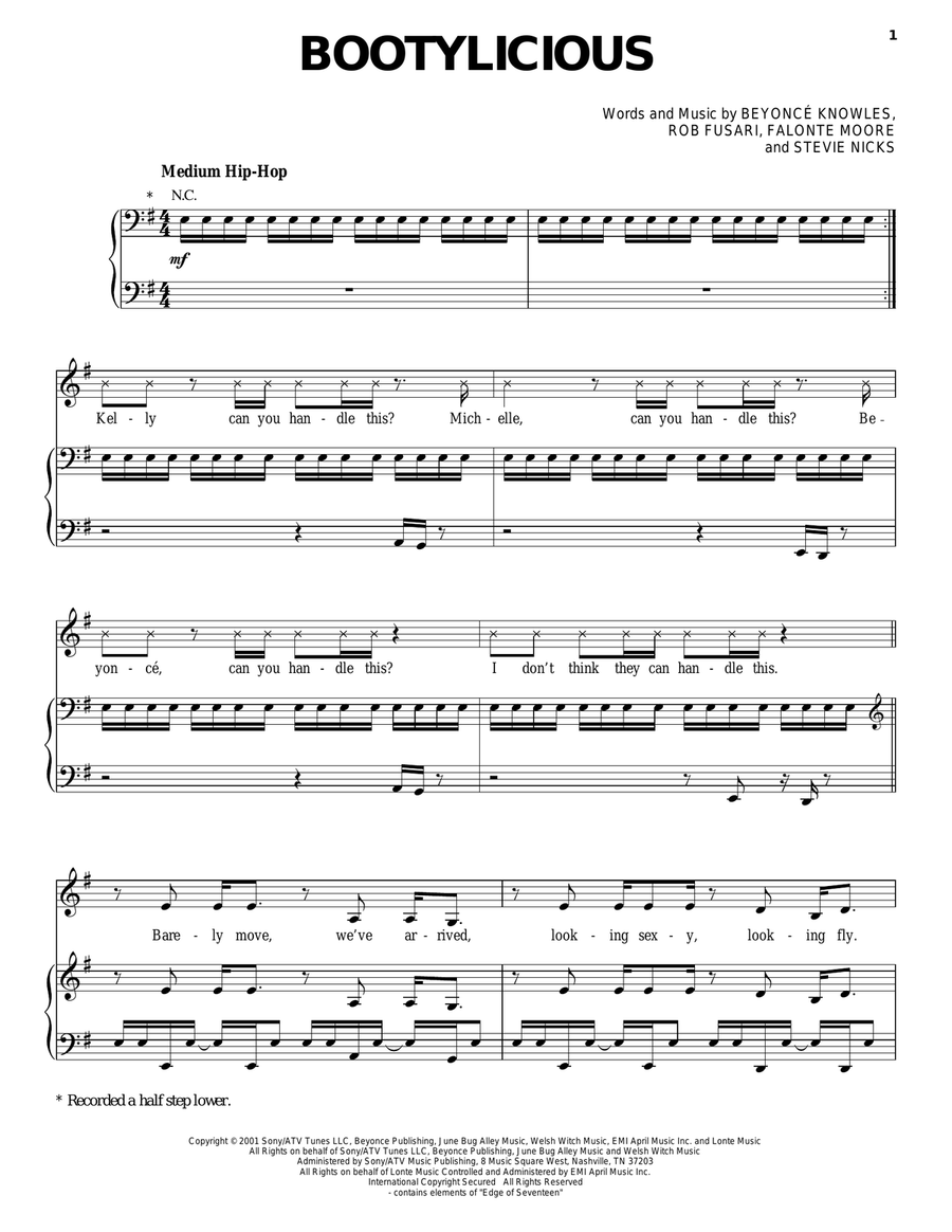 Bootylicious Piano, Vocal, Guitar scores gallery preview page 1