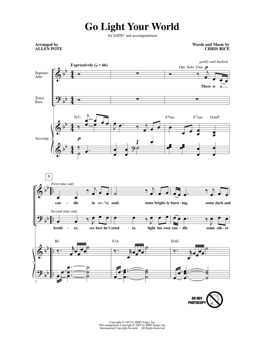 Go Light Your World (arr. Allen Pote) 4-Part scores gallery preview page 1