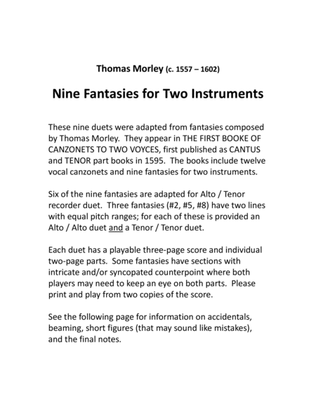 Nine Morley Fantasies for Alto & Tenor Recorder Duets image number null