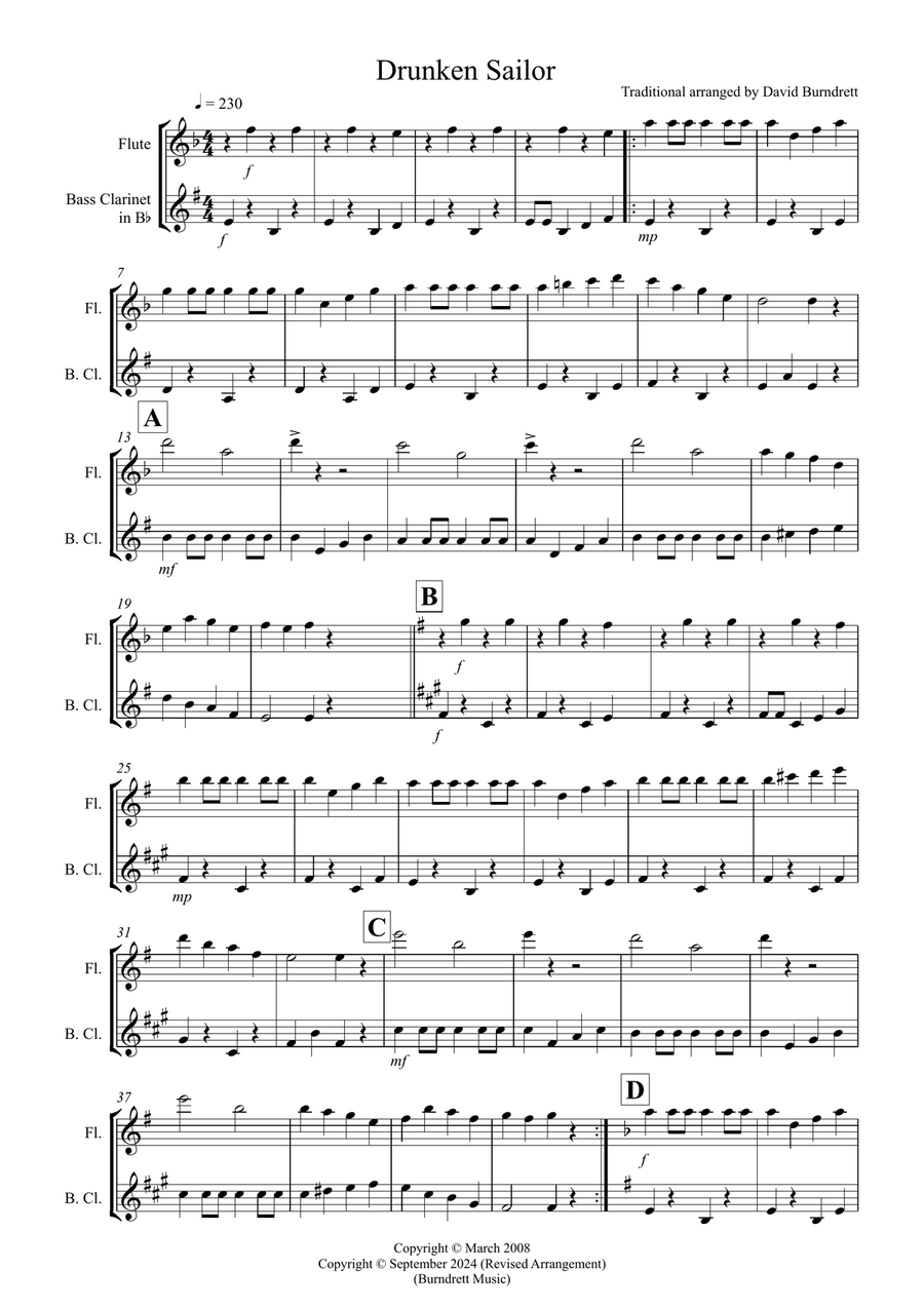 Book cover for Drunken Sailor for Flute and Bass Clarinet Duet