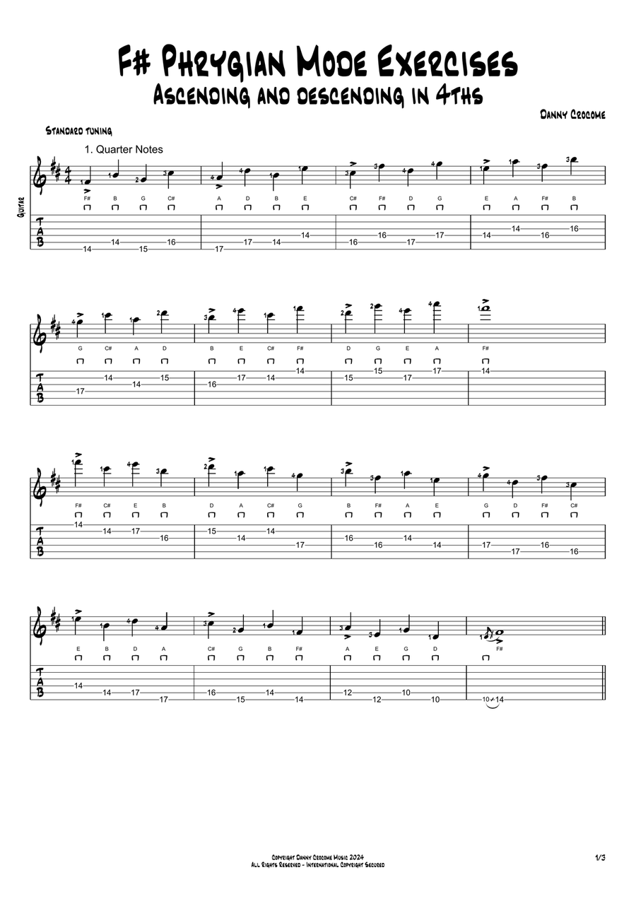 F# Phrygian Mode Exercises - Ascending and Descending in 4ths Acoustic Guitar scores gallery preview page 1