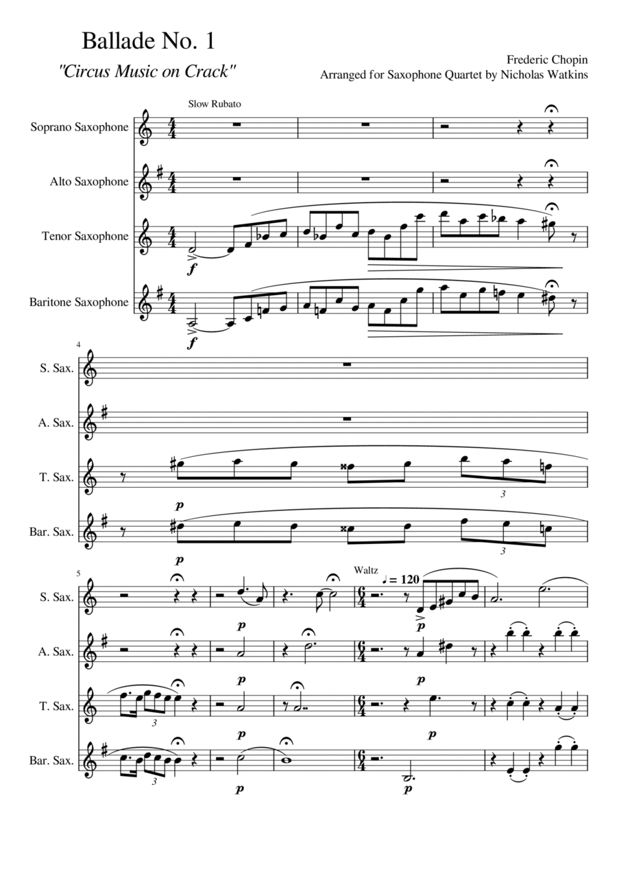 Ballade No. 1 in G Minor Saxophone Quartet scores gallery preview page 1