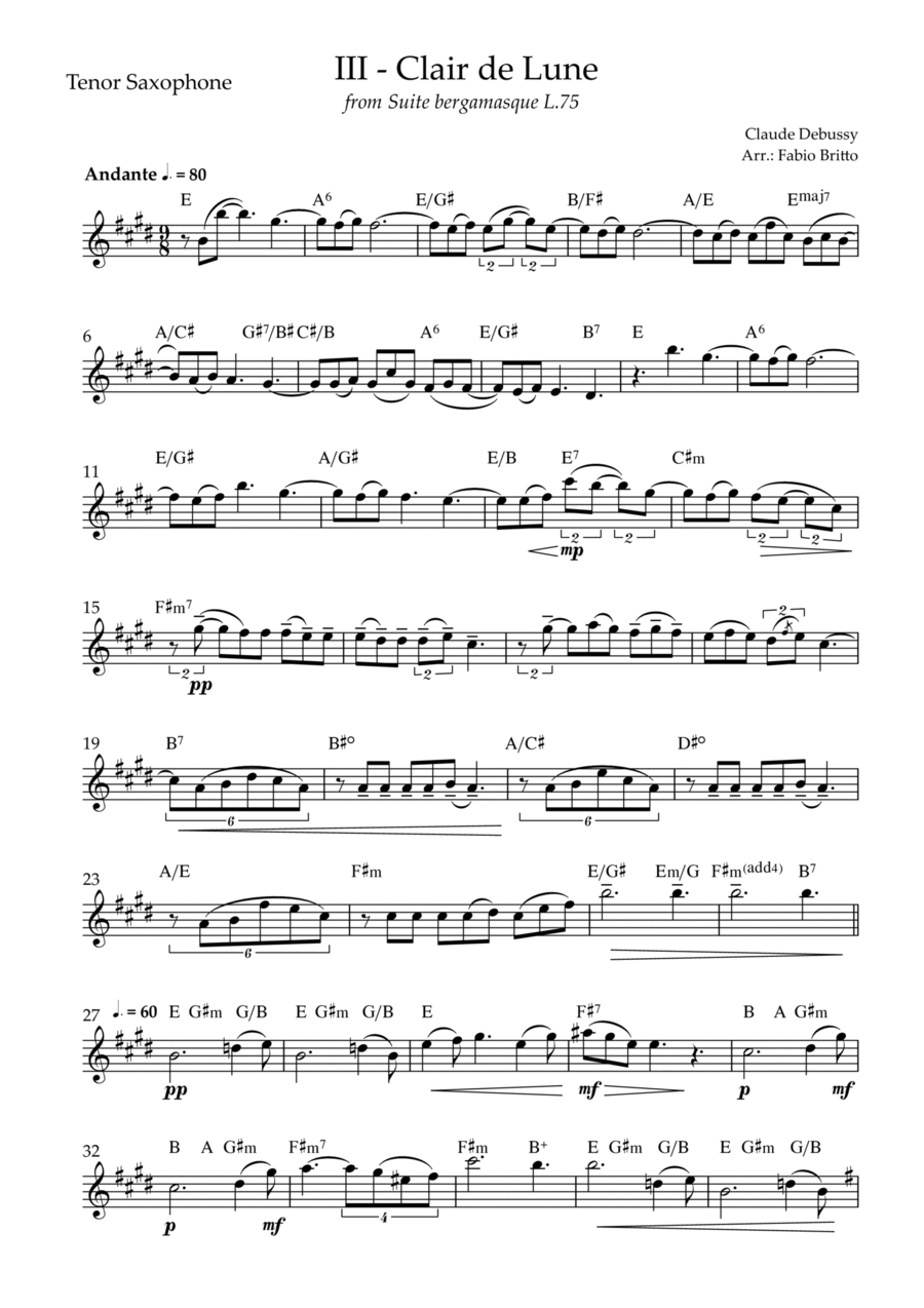 Clair de Lune (C. Debussy) for Tenor Saxophone Solo with Chords (C Major) Tenor Saxophone scores gallery preview page 1
