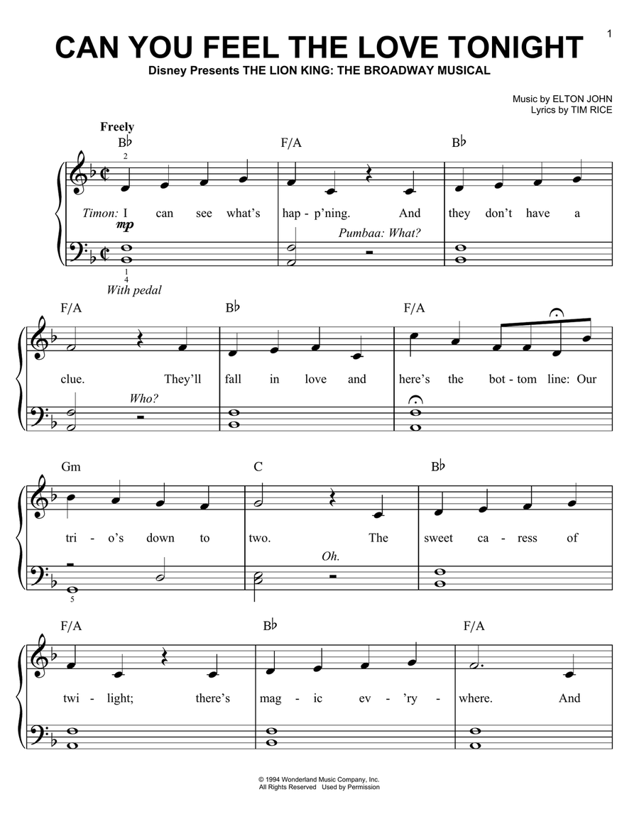 Can You Feel The Love Tonight (from The Lion King) Easy Piano scores gallery preview page 1