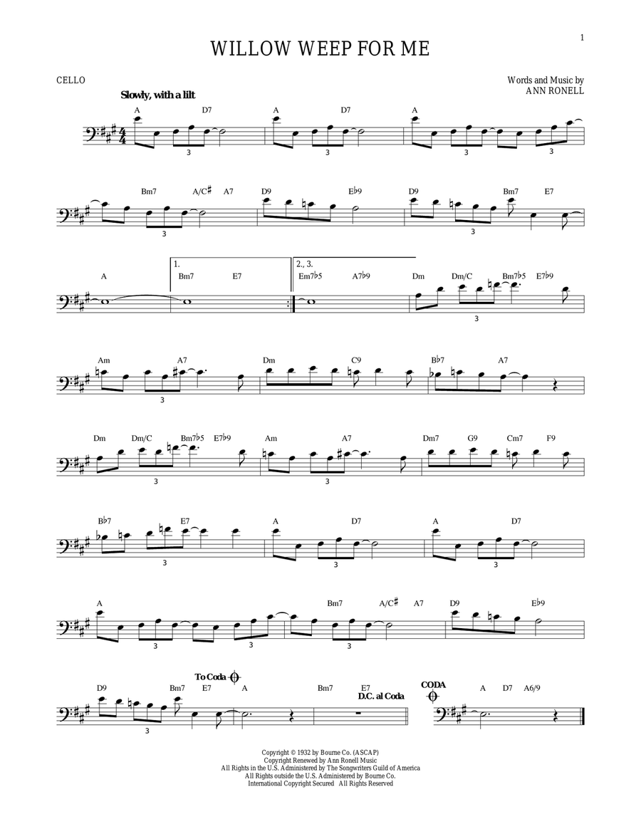 Willow Weep For Me Willow Weep For Me Cello Solo scores gallery preview page 1