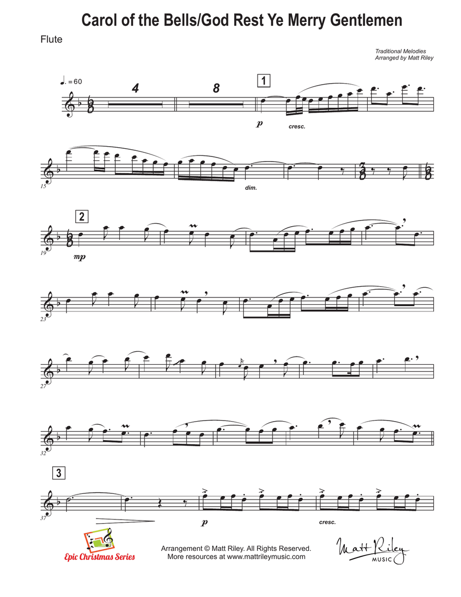 Carol of the Bells / God Rest Ye Merry Gentlemen Flute Solo scores gallery preview page 1
