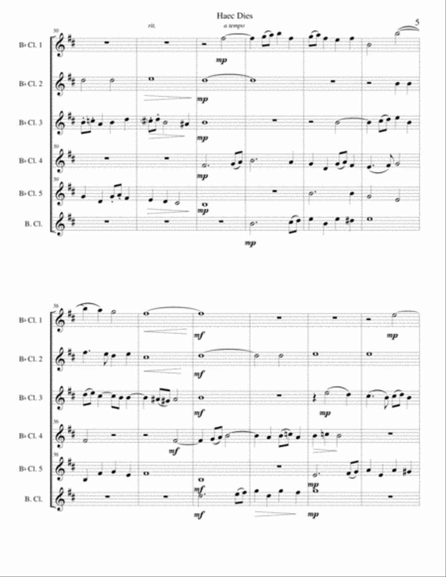 Haec Dies for clarinet sextet (5 B flat clarinets and 1 Bass clarinet) B-Flat Clarinet scores gallery preview page 5