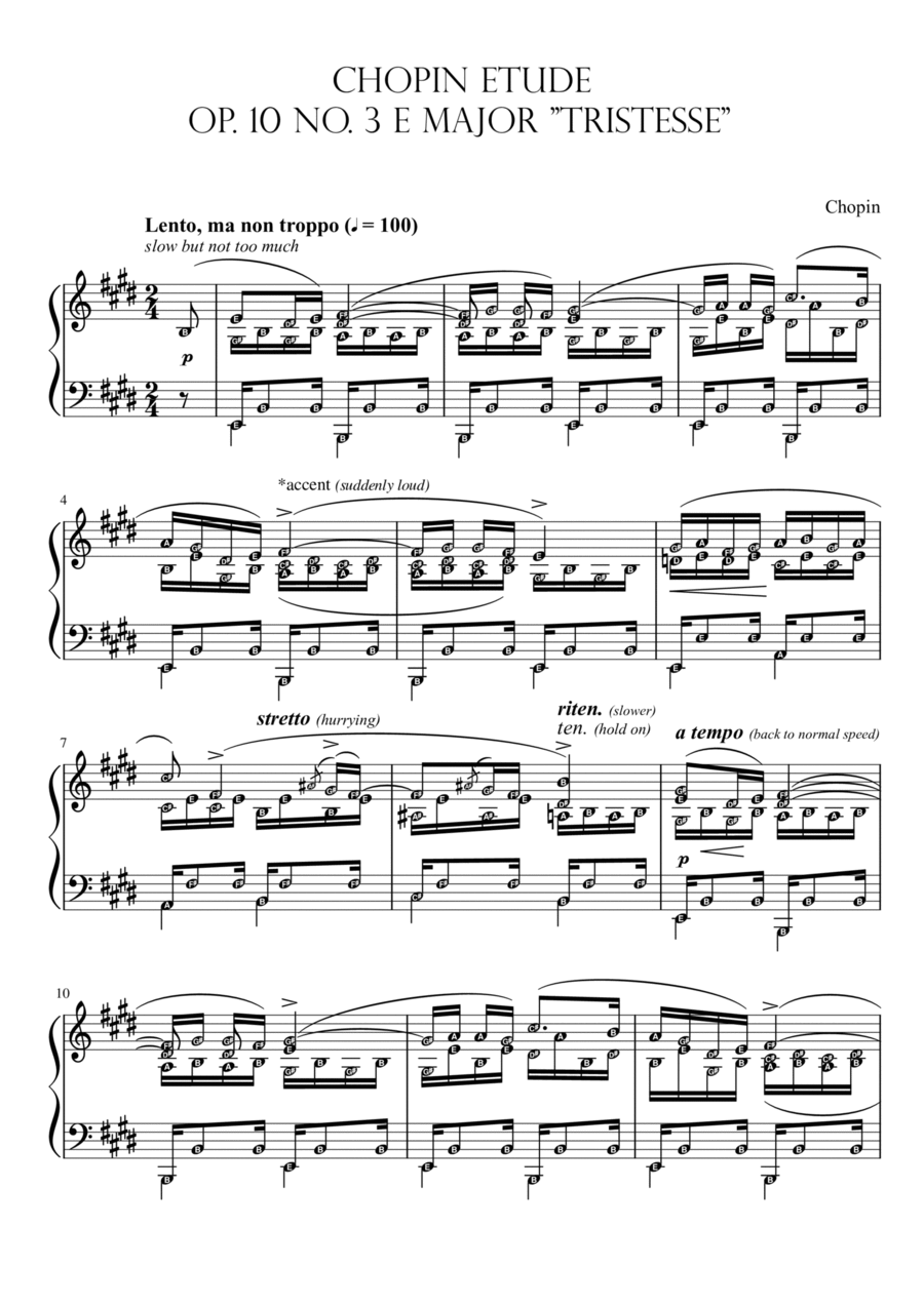 Etude Op. 10 No. 3 Tristesse (Chopin) | Piano Solo Grade 7 with note names & meanings Piano Method scores gallery preview page 1