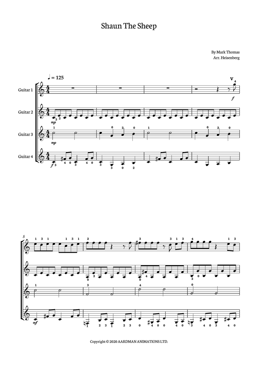 Shaun The Sheep Guitar Ensemble scores gallery preview page 1