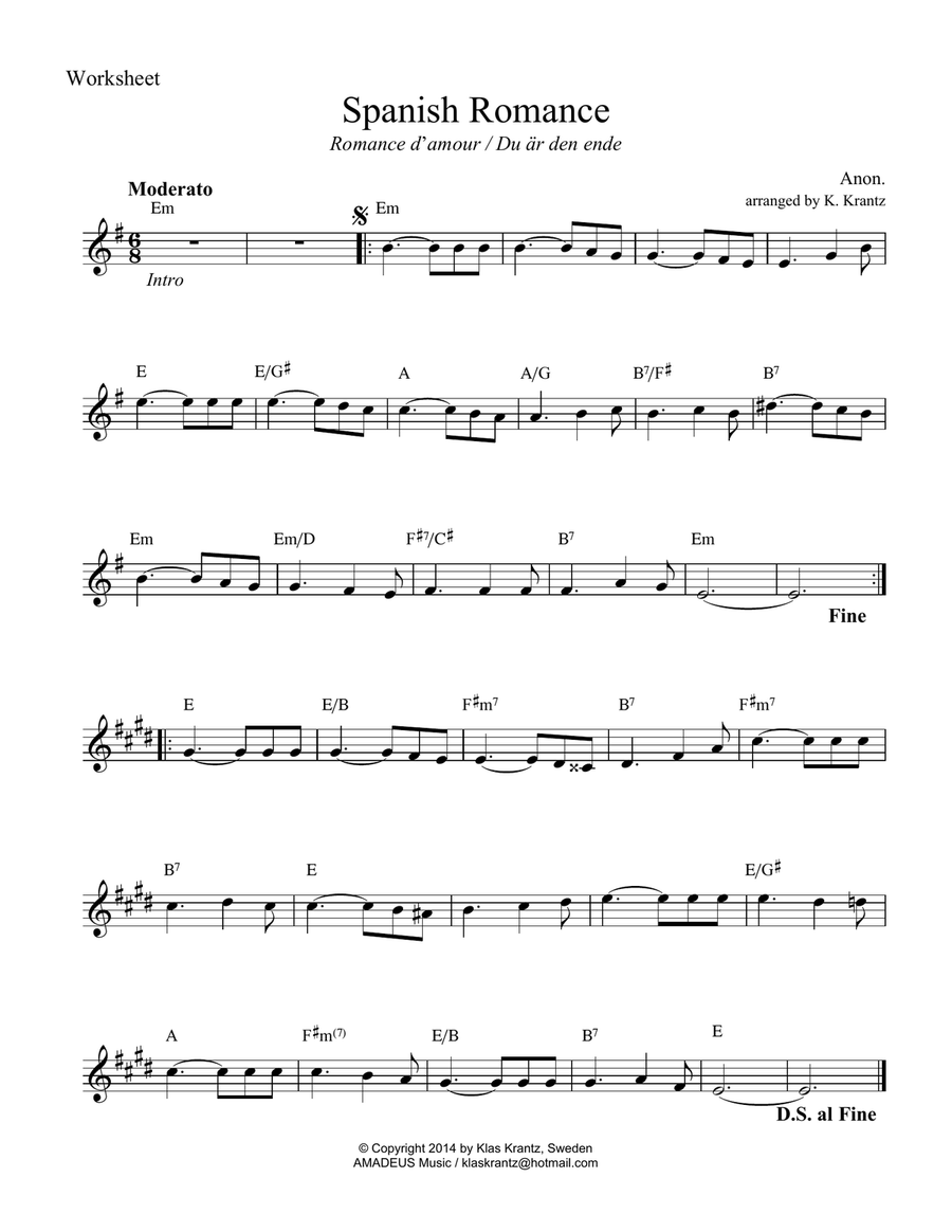 Spanish Romance, Romanza in E Minor (lead sheet with guitar chords)