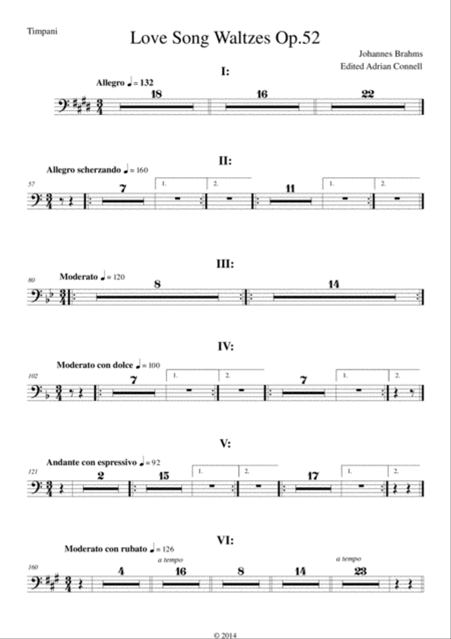 Brahms - Love Song Waltzes Op.52 for Choir and Chamber Orchestra - Timpani 4-Part scores gallery preview page 1