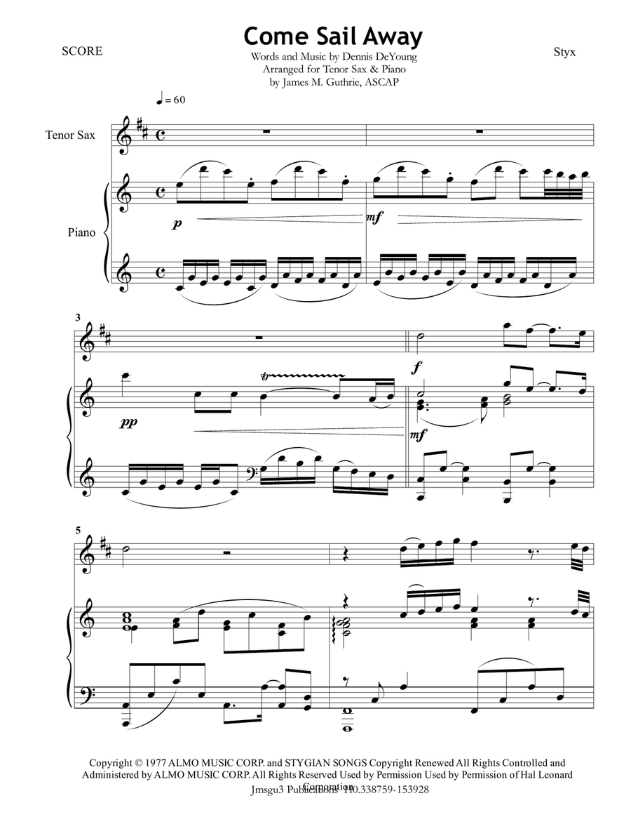Come Sail Away Tenor Saxophone scores gallery preview page 1