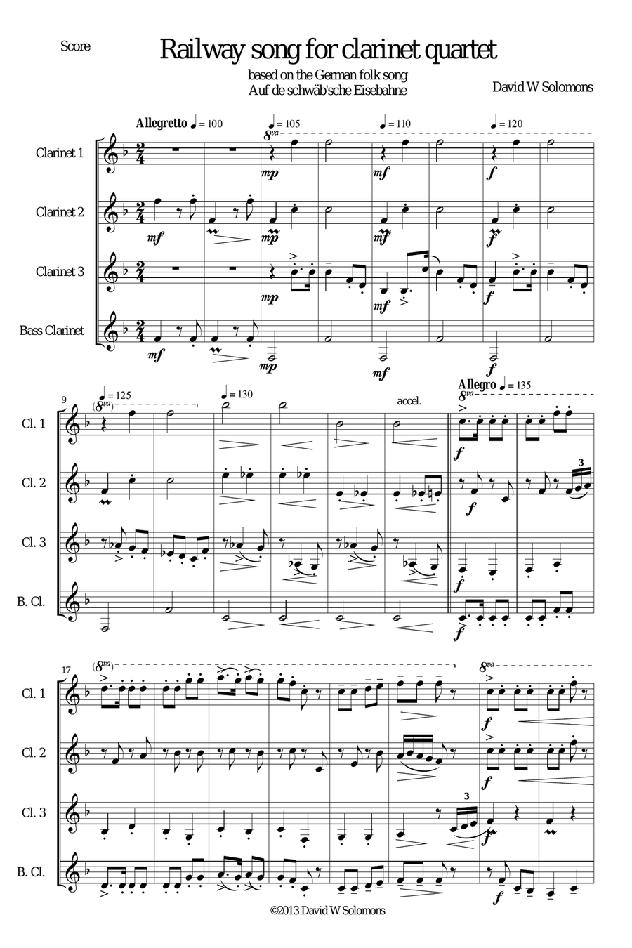 Railway Song (Auf de schwäb'sche Eisebahne) for clarinet quartet Clarinet Quartet scores gallery preview page 1