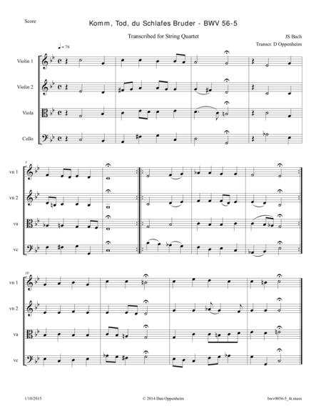 Bach: Komm, Tod, du Schlafes Bruder - BWV 56-5 transcribed for String Quartet image number null