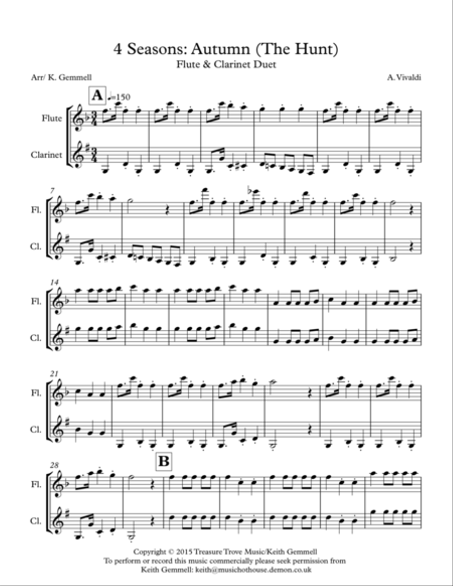 4 Seasons: Autumn (The Hunt) Flute and Clarinet Woodwind Ensemble scores gallery preview page 1