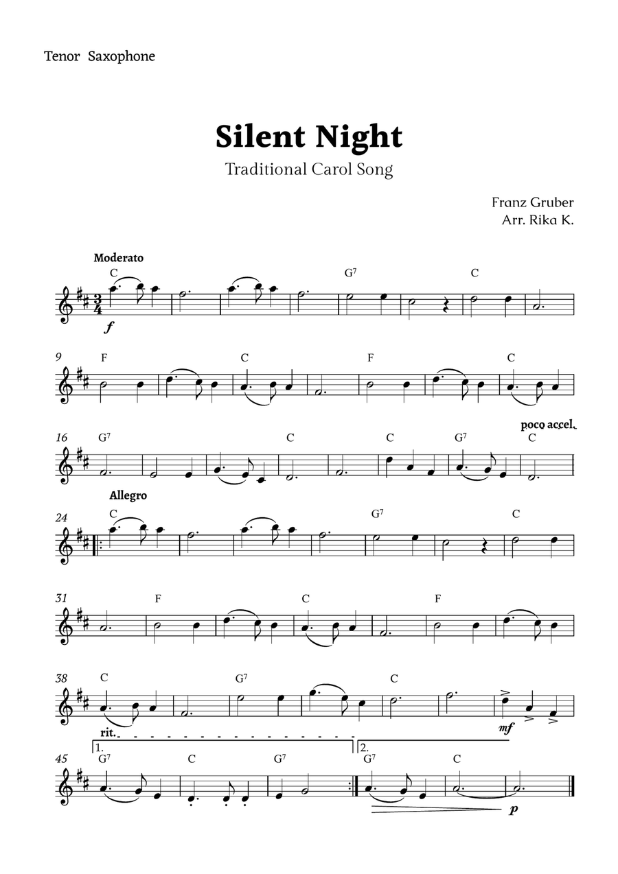 Silent Night for Tenor Sax Solo Tenor Saxophone scores gallery preview page 1