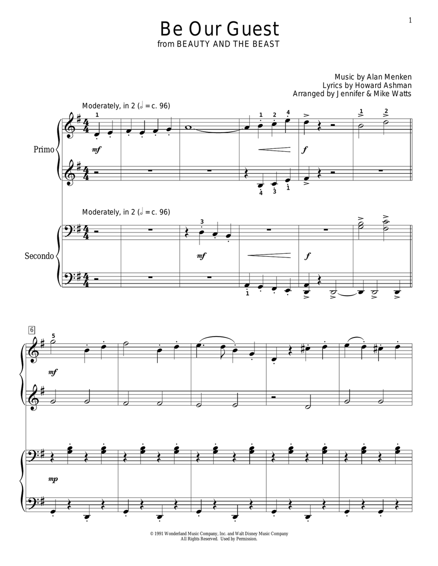 Be Our Guest (from Beauty and The Beast) (arr. Jennifer & Mike Watts) 1 Piano, 4-Hands scores gallery preview page 1