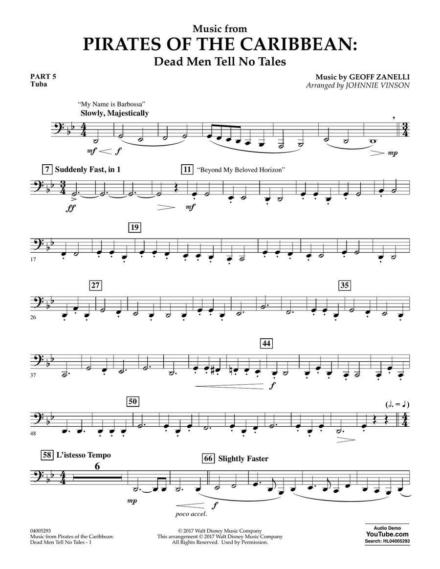 Music from Pirates of the Caribbean: Dead Men Tell No Tales - Pt.5 - Tuba Concert Band scores gallery preview page 1