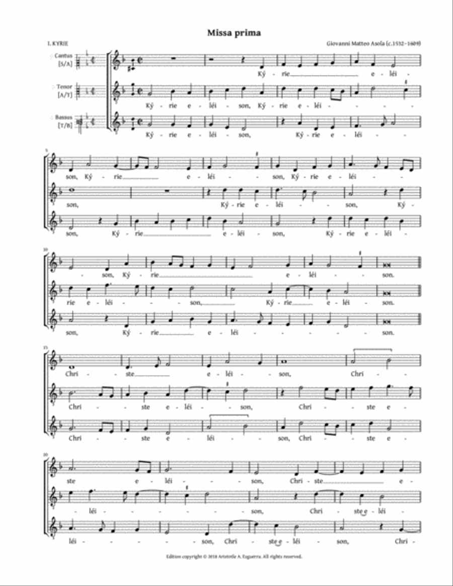 Missa prima a 3 (Asola) - SAT, SAB, STT, STB, AAT, AAB, ATT, or ATB STB scores gallery preview page 1