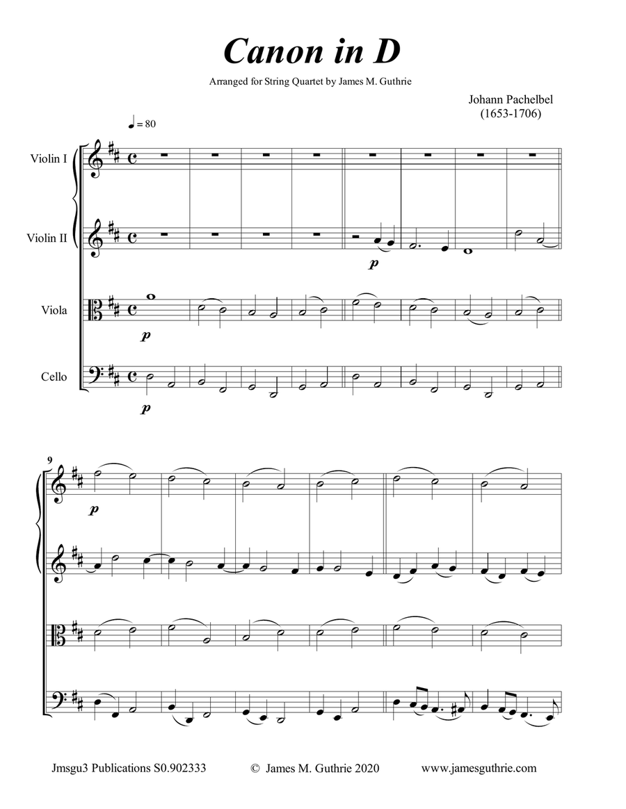 Pachelbel: Canon in D for String Quartet String Quartet scores gallery preview page 1