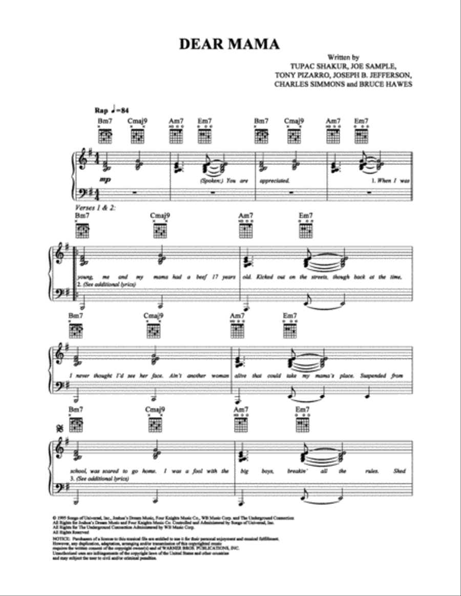 Dear Mama Piano, Vocal, Guitar scores gallery preview page 1