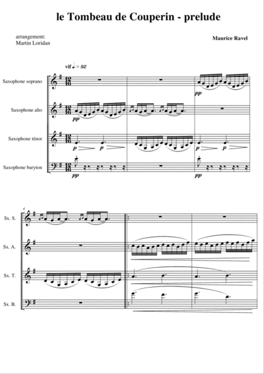Le Tombeau de Couperin (Maurice Ravel), prélude. Arrangement for saxophone quartet (M. Loridan) Ful Saxophone Quartet scores gallery preview page 1