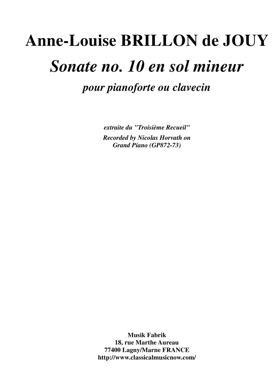 Anne-Louise Brillon de Jouy: Sonata no. 10 in g minor for piano or harpsichord Harpsichord scores gallery preview page 1