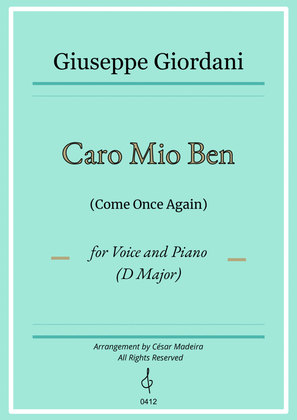 Book cover for Caro Mio Ben (Come Once Again) - D Major - Voice and Piano (Full Score)