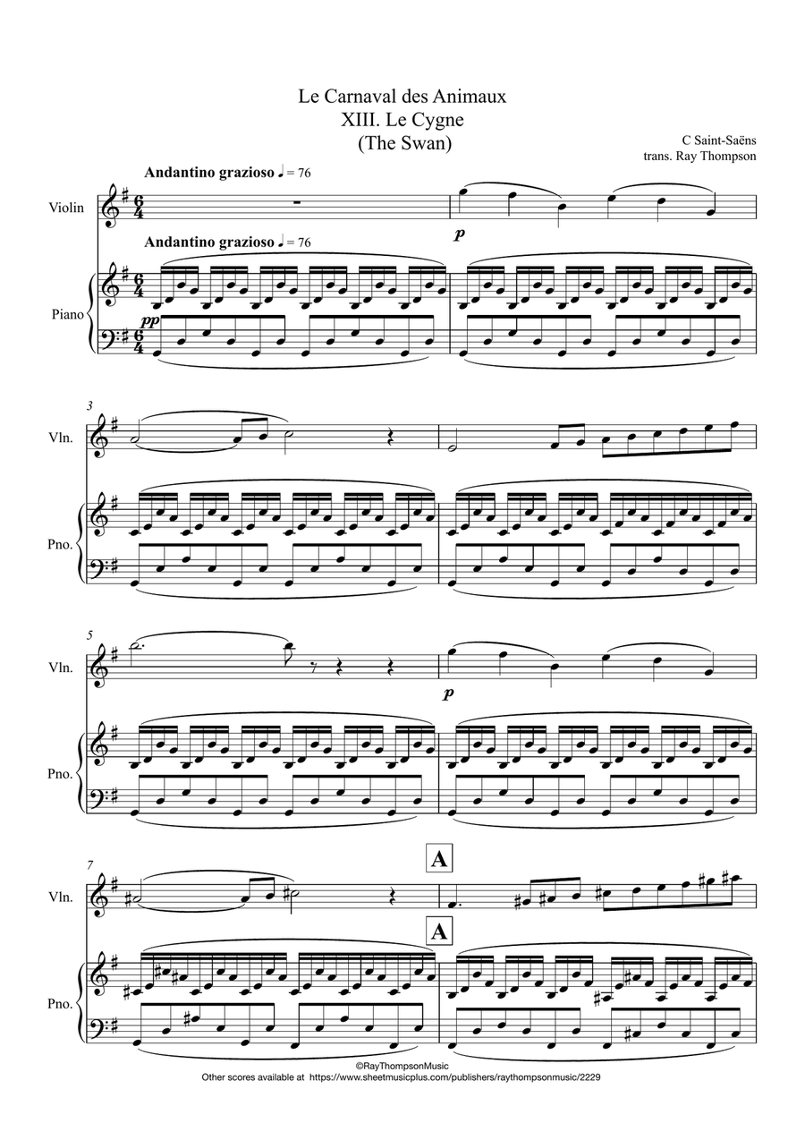 Saint-Saëns: Le Carnaval des Animaux XIII. Le Cygne (The Swan) - violin and piano Violin Solo scores gallery preview page 1