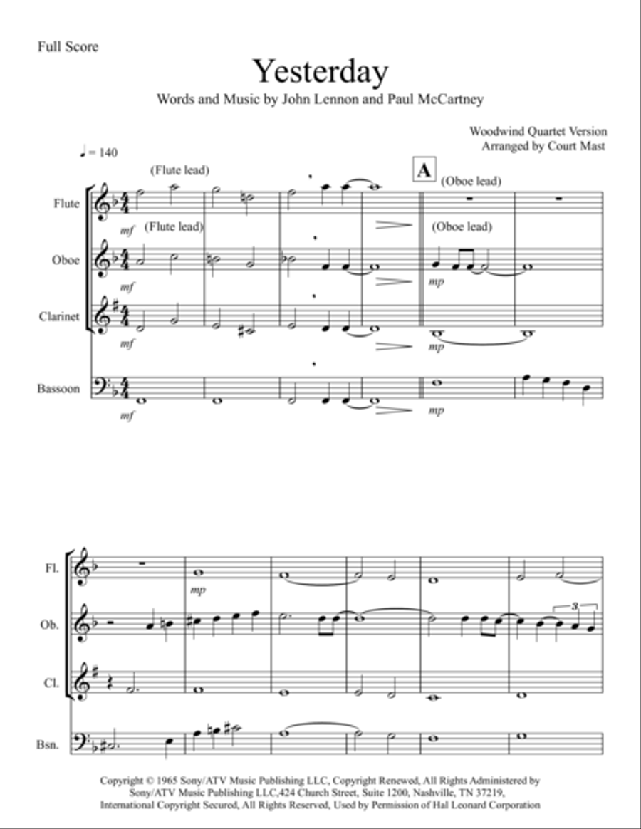 Yesterday Woodwind Quartet scores gallery preview page 1