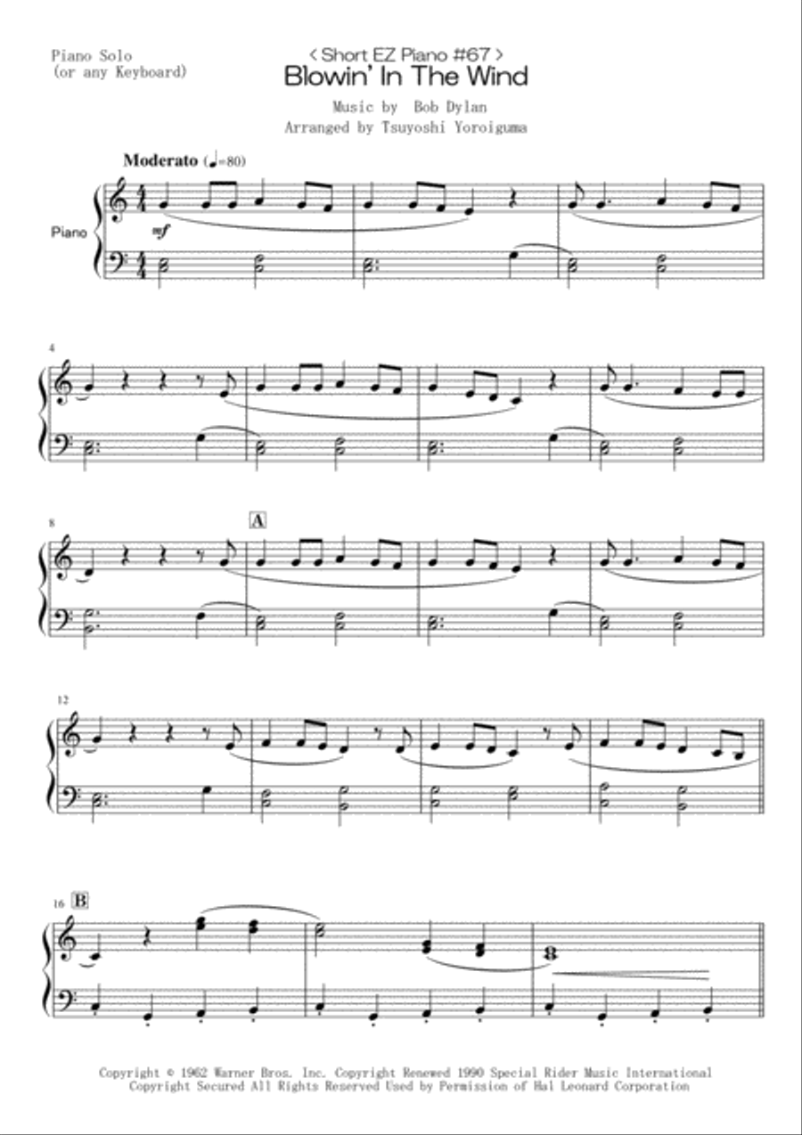 Blowin' In The Wind Blowin' In The Wind Easy Piano scores gallery preview page 1