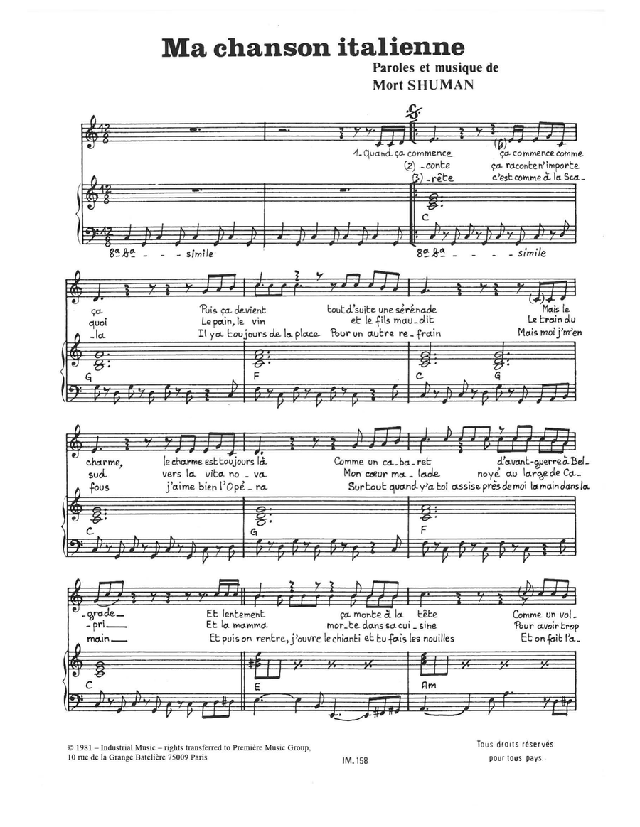 Ma Chanson Italienne Ma Chanson Italienne Piano, Vocal scores gallery preview page 1