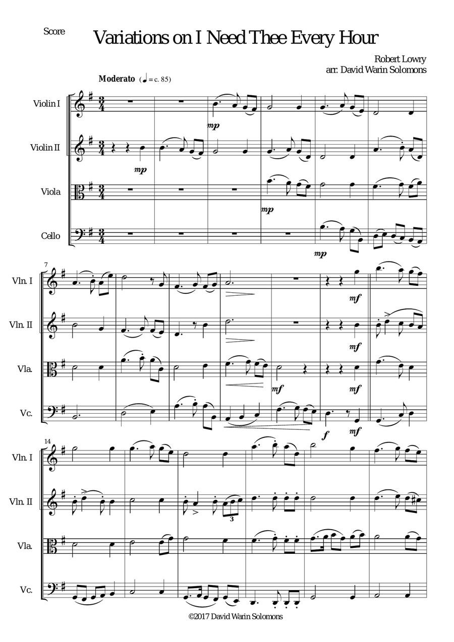 Variations on I Need Thee Every Hour for String quartet String Quartet scores gallery preview page 1