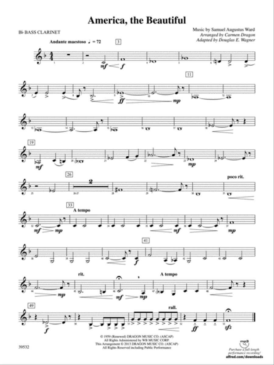 America, the Beautiful: B-flat Bass Clarinet Concert Band scores gallery preview page 1