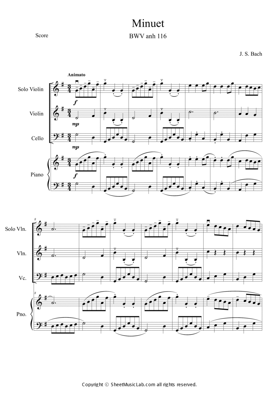 Minuet BWV anh 116 Piano Quartet scores gallery preview page 1