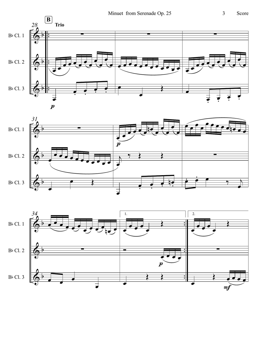 Beethoven - Minuet from Serenade Op. 25 set for Clarinet Trio Clarinet Trio scores gallery preview page 4
