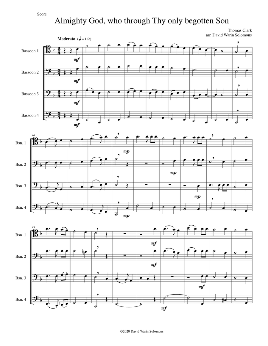 Almighty God, who through thy only begotten Son (Easter motet) for 4 bassoons Bassoon Quartet scores gallery preview page 1