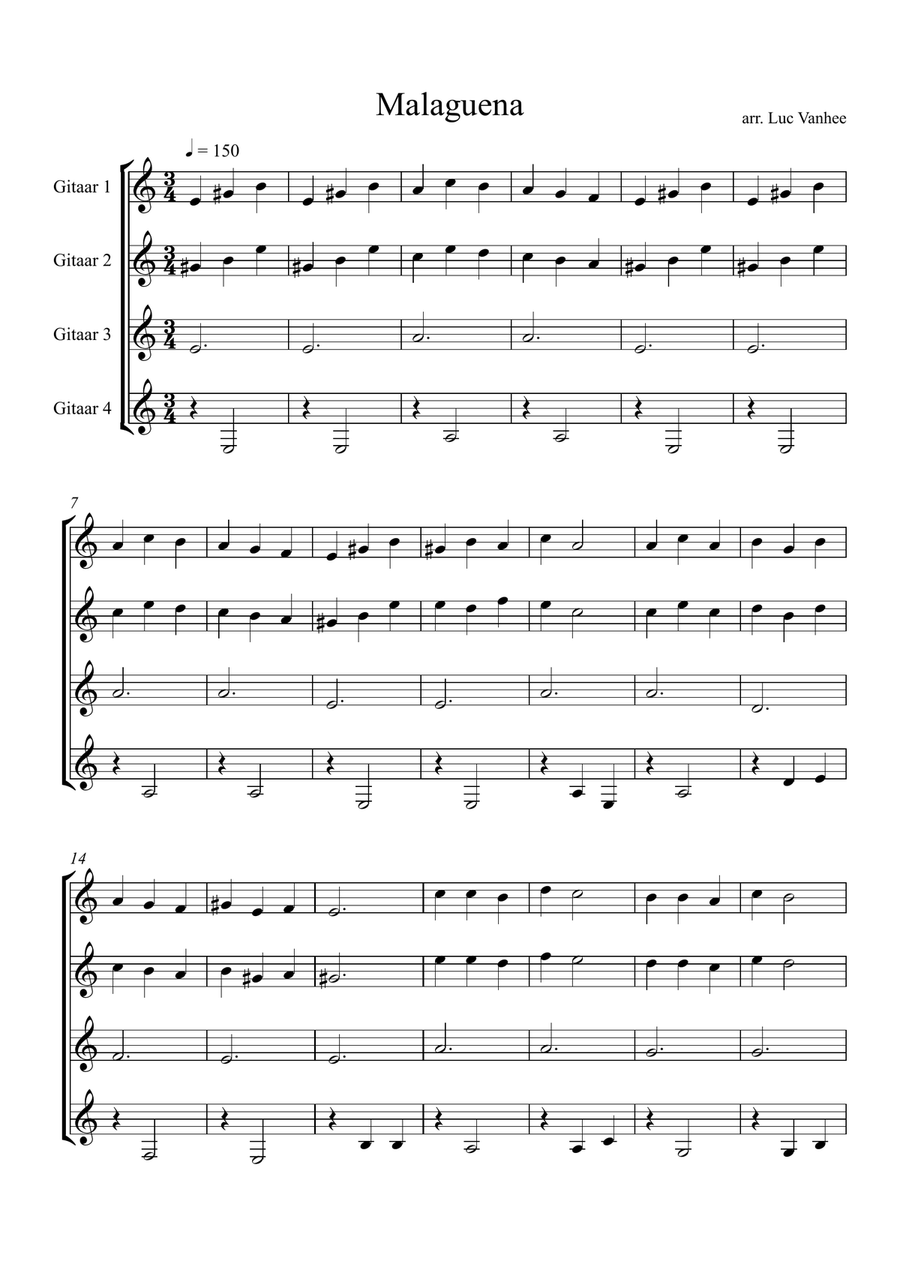 Malaguena ( Guitar Quartet ) Guitar Ensemble scores gallery preview page 1