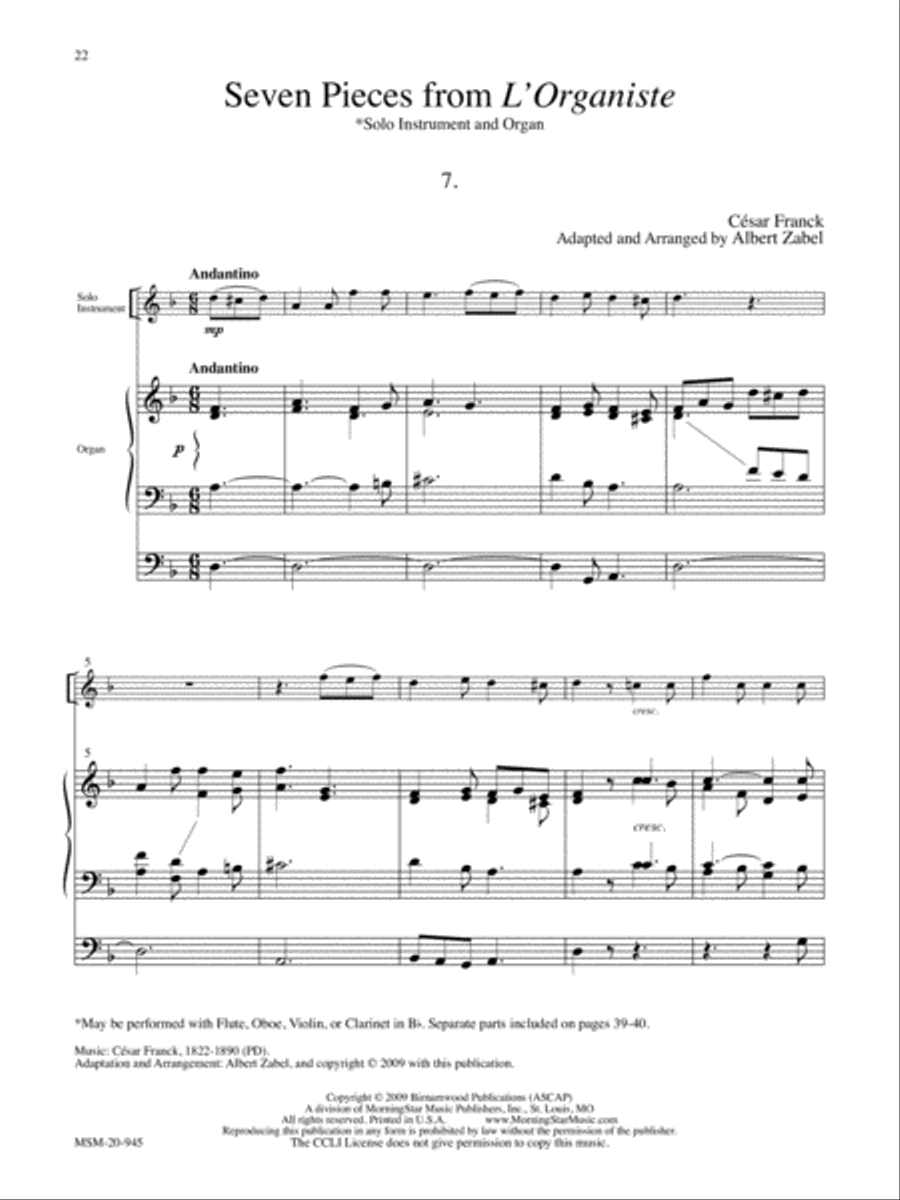 Seven Pieces from L'Organiste for Solo Instrument and Organ Organ scores gallery preview page 10