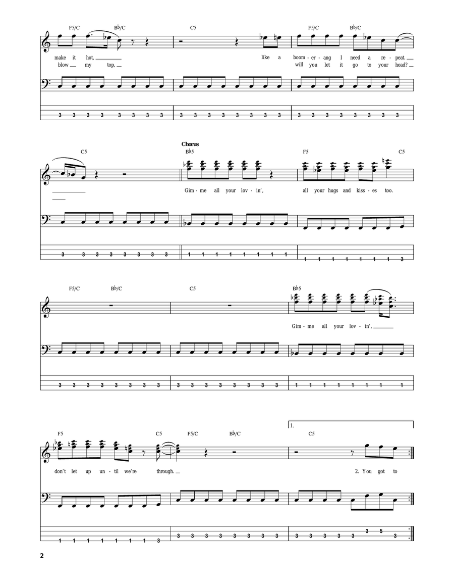 Gimme All Your Lovin' Bass Guitar Tablature scores gallery preview page 2