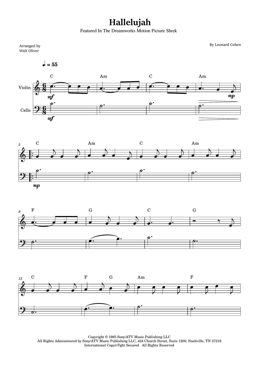 Hallelujah String Duet scores gallery preview page 1