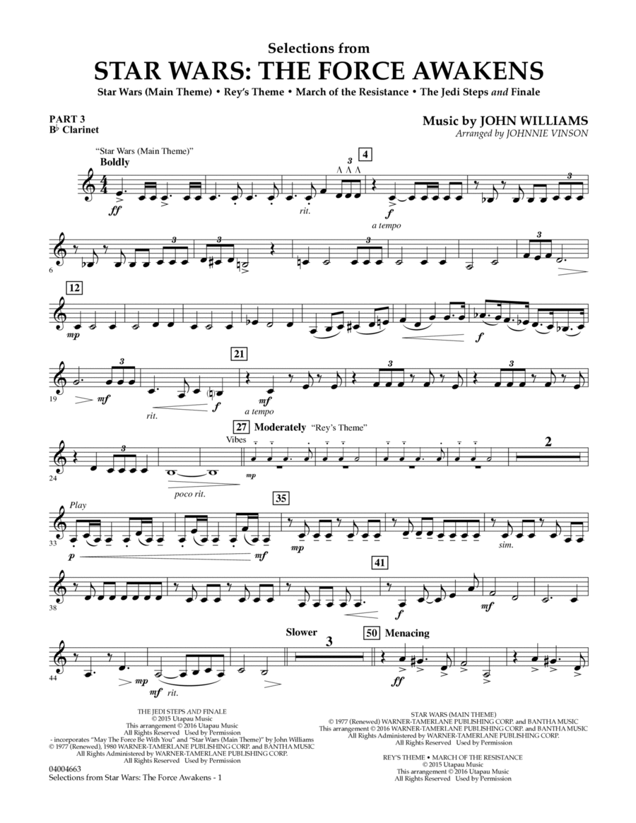 Selections from Star Wars: The Force Awakens - Pt.3 - Bb Clarinet Concert Band scores gallery preview page 1
