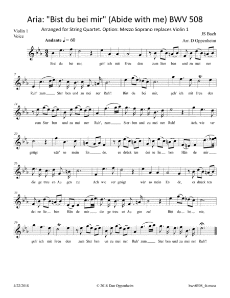 Bach: Aria: "Bist du bei mir" (Abide with me) BWV 508 Arranged for String Quartet. Option: Mezzo Sop image number null