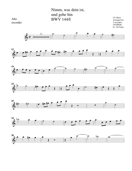 Concerto: Nimm, was dein ist, und gehe hin from Cantata BWV 144 (arrangement for 5 recorders)