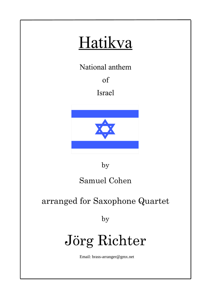 Hatikva (National Anthem of Israel) for Saxophone Quartet Saxophone Quartet scores gallery preview page 1