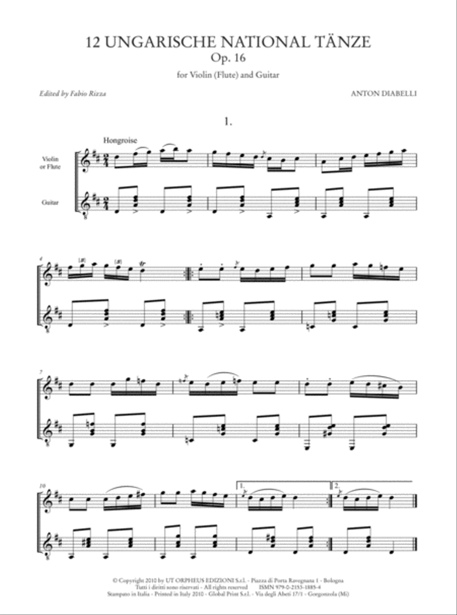 12 Ungarische National Tänze Op. 16 for Violin (Flute) and Guitar Flute scores gallery preview page 2