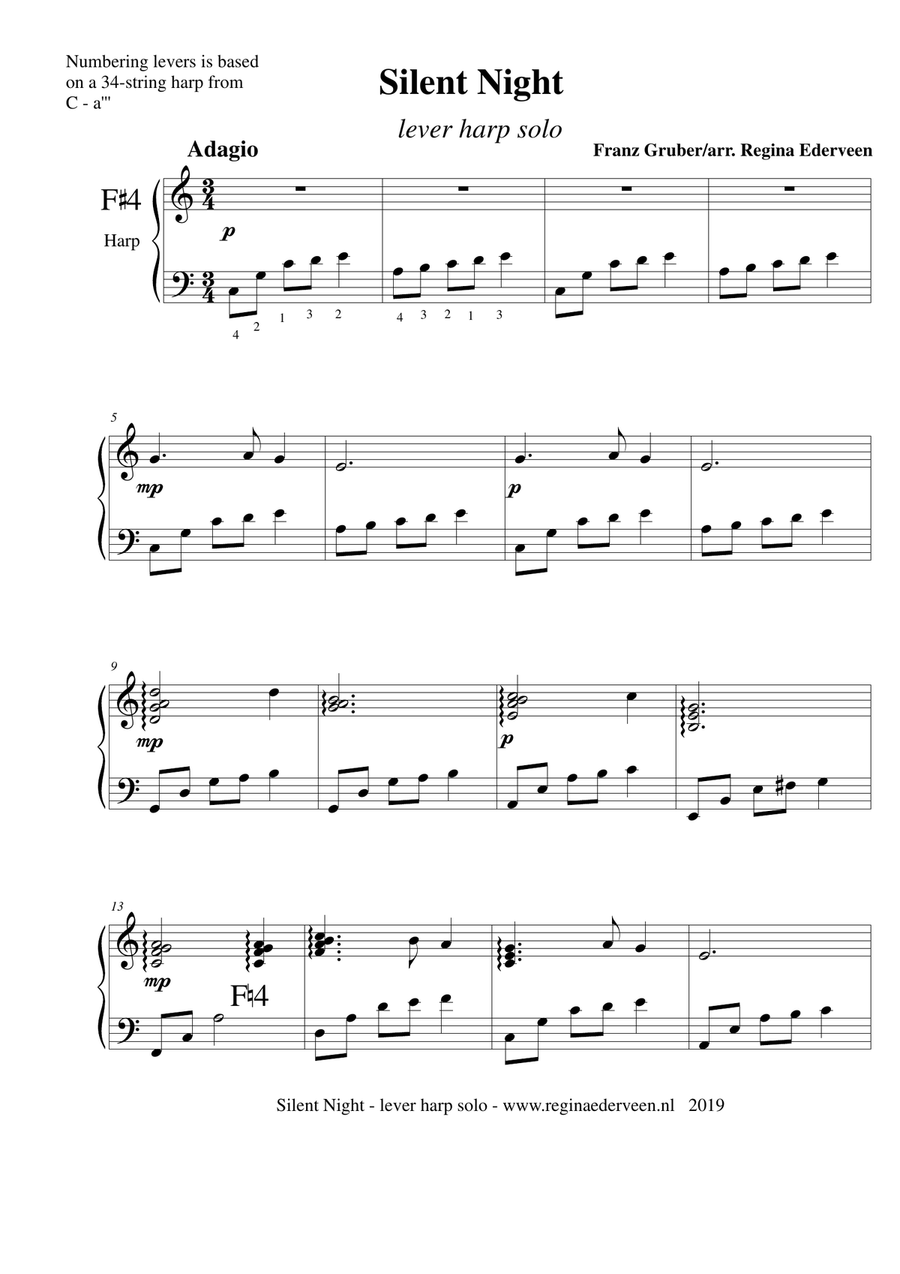 Silent Night - lever harp solo Celtic Harp scores gallery preview page 1