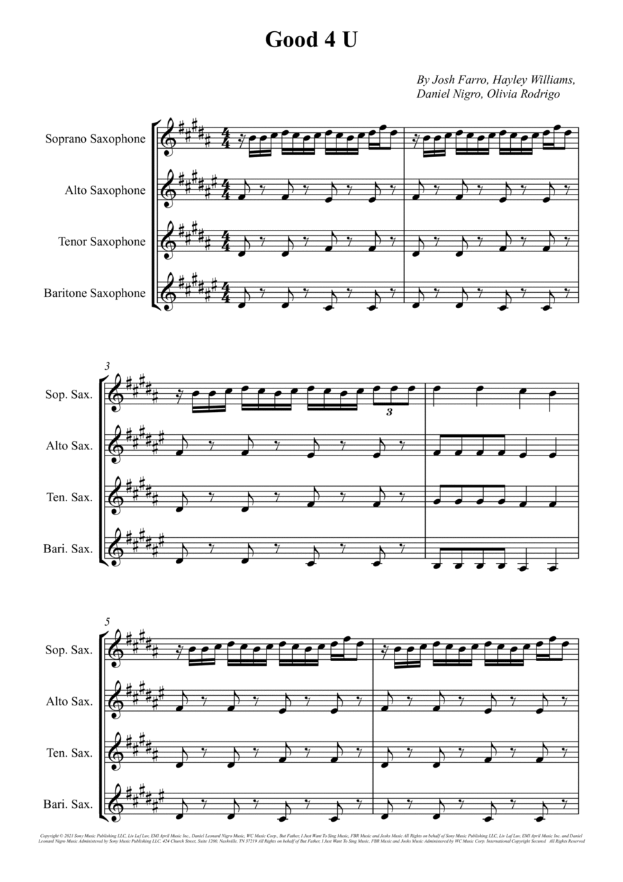 Good 4 U Saxophone Quartet scores gallery preview page 1